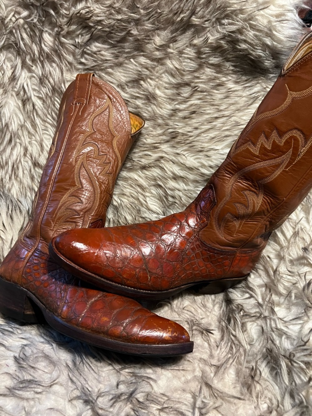 Nocona Mem Chestnut Brown Exotic Caiman & Leather Western Boots-Sz 9 B